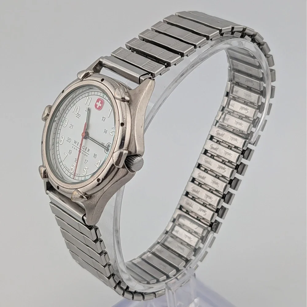 Wenger S.A.K. Design Vintage Swiss Quartz Date Watch White Dial Luminous 36mm